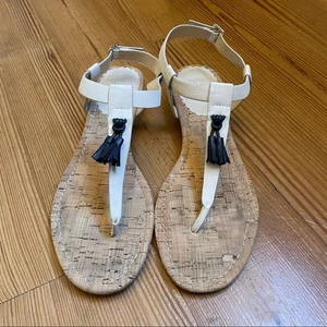Crown & Ivy beige leather navy tassel wedge thong sandal SIZE 9M - Picture 1 of 7