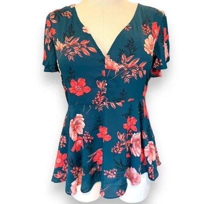 Torrid Plus Size 2 Teal Floral Georgette Flutter Sleeve Babydoll Top Blouse 2X  - Image 1 of 3