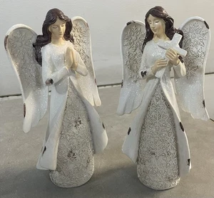 (2) Christmas Christian Angel 10” Figurines Brushed Brown Gown Praying Cross - Picture 1 of 6
