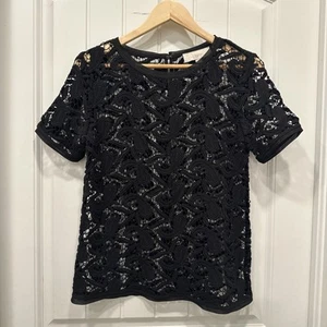 Blusa Top Mujer Ann Taylor LOFT Negra Encaje Corte Transparente Manga Corta - Imagen 1 de 12