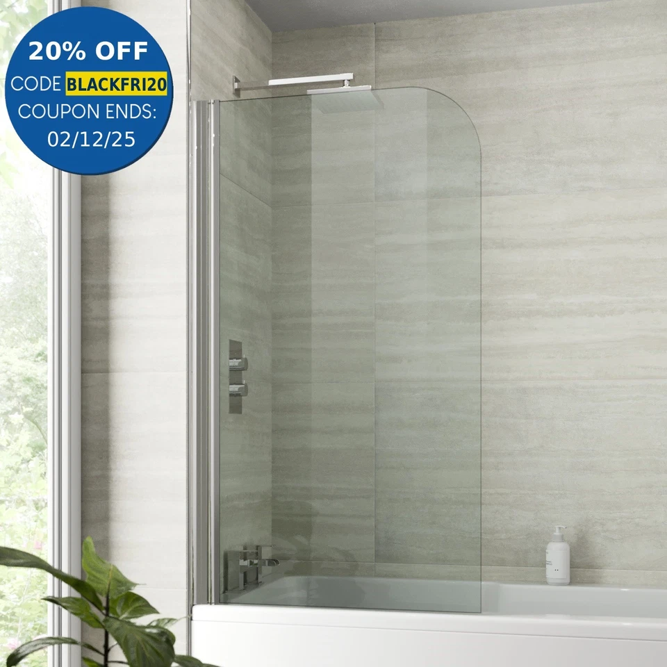 800mm Bath Shower Screen Bathroom Curved Pivot Chrome Reversible Frameless Glass - Image 1 of 4