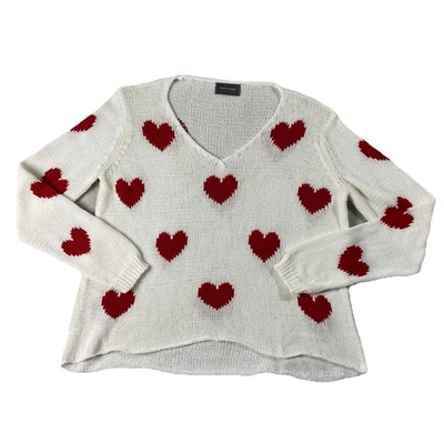 Wooden Ships Long Sleeve V-neck AOP Red Heart Sweater White Women’s M/L Relaxed - Image 1 of 4