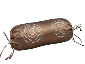 (29822) FUNDA DE COJIN CAMA SOFA ROLLO REDONDO CIRCULOS BORDADO MARRON AZUL - Picture 1 of 1