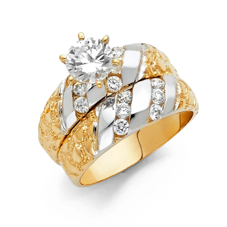 Conjunto de anillo de trío de boda pepita de circonita cúbica de oro amarillo blanco real de 14 k Foto 1 de 2