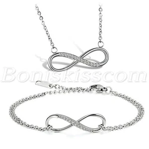 Womens Stainless Steel CZ Inlay Infinity Bracelet Pendant Necklace Set Love Gift