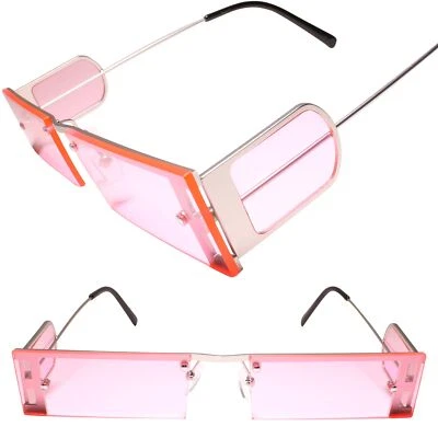 Óculos de sol futurista escudo lateral retangular fino minimalista lente rosa - Imagem 1 de 3