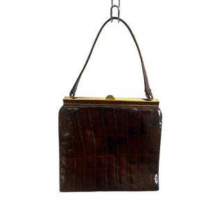 Vintage  Bellestone Croc Embossed Leather Top Handle Bag Brown Old Money - Picture 1 of 16