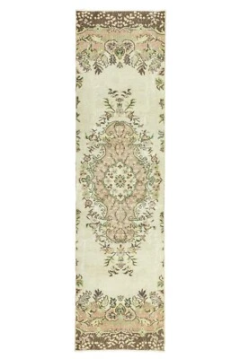 Vintage Turkish Oushak Runner 2.5x9.5 ft– Sage Green Brown Floral Wool Handwoven - Image 1 of 4