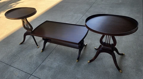 Beautiful Antique Mersman Lyre Mahogany Coffee & Oval Side Tables Set Cover