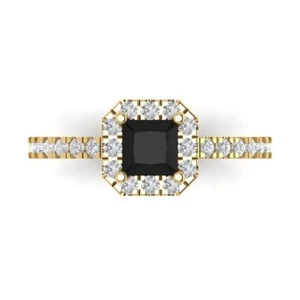 0.89Ct Princess Cut Natural Onyx Halo Engagement Ring for Women, 14K Yellow Gold - Picture 1 of 11