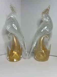 "Perfecto 13,5"" Cristal de Murano Formia Pájaro Paraíso Cacatúa Conjunto de Par Pájaros Dorado" - Imagen 1 de 2