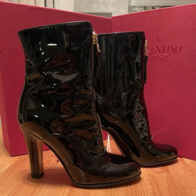 Valentino Garavani Rebelle 100 Front Zipper Black Patent Boots EU37 US6.5-7 UK4 - Image 1 of 4