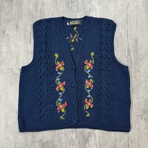 VTG 70S HUNGARIAN FLORAL EMBROIDERED KNIT BUTTON UP VEST SZ 8 WOMENS RARE NAVY - Picture 1 of 6