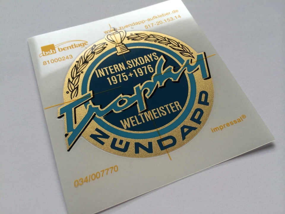 original Erstausrüster Zündapp Trophy Weltmeister Aufkleber Tank GTS, C 50, KS50