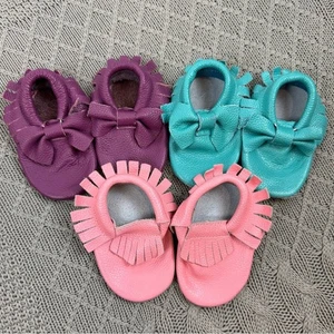 Mac and Lou Leather Moccasins - Purple, Teal, and Pink with Fringe and Bows - Picture 1 of 11