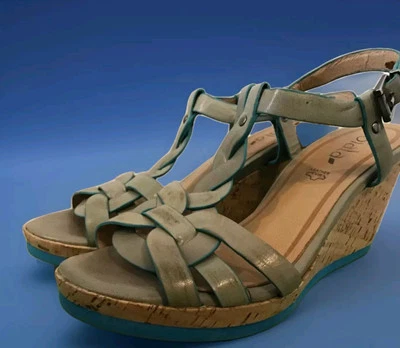 Biala Weaved DISTRESSED Gray leather Blue Accent Cork Wedge Sandals Sz5.5-6 EU37 - Image 1 of 4