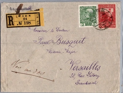 AUSTRIA 1908 POSTAL HISTORY REGISTERED COVER ADDR FRANCE POSTMARK WIEN - Image 1 of 2
