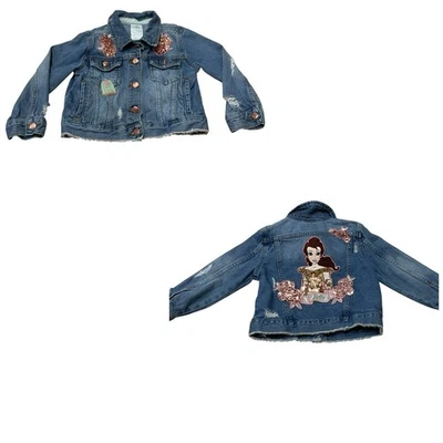 Disney Girl's Princess Belle Denim Jacket Size 4 Distressed Applique Sequins Y2K - Image 1 of 4