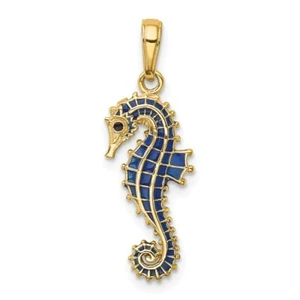 Real 14kt Yellow Gold 3-D Blue Enameled Seahorse Pendant - Picture 1 of 6
