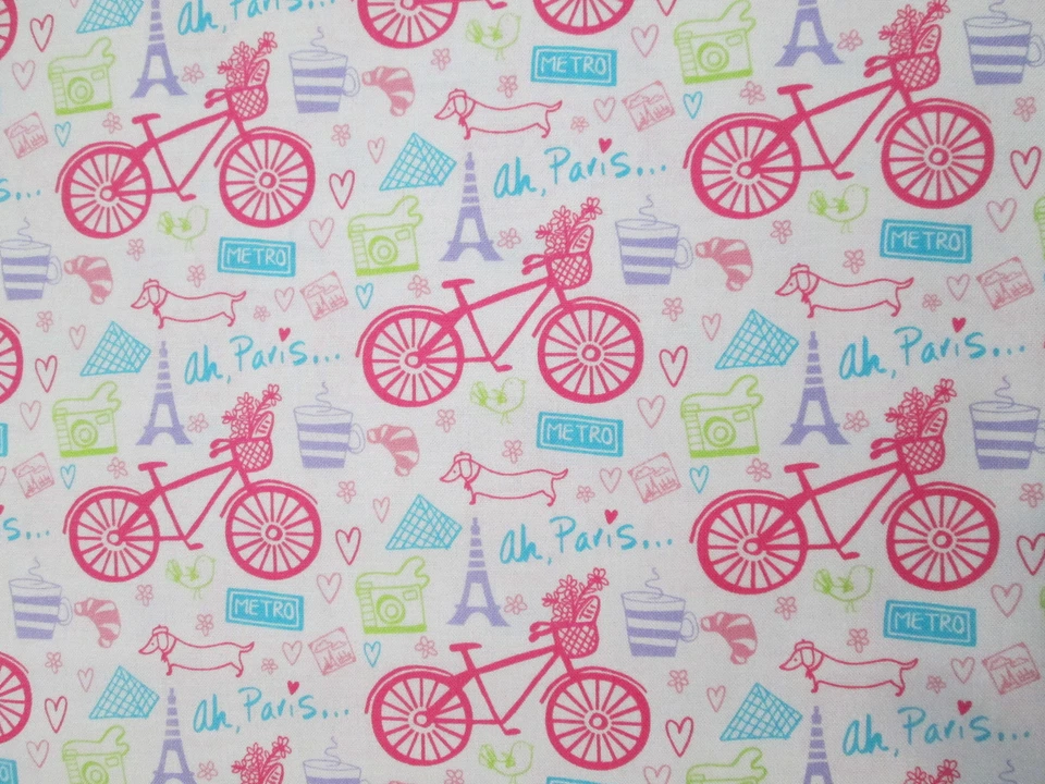 PARIS BICYCLE FLOWERS EIFFEL TOWER LANDMARKS PINK COTTON FABRIC BTHY - Image 1 of 4