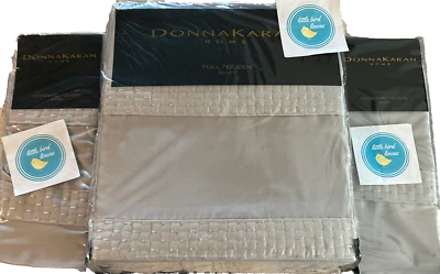 3 pc Donna Karan Queen Duvet & 2 Queen Shams Silky Stripe Platinum New Pristine - Image 1 of 4