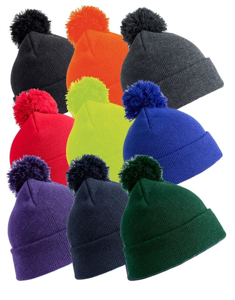 Chapeau De Ski Unisexe Pom Pom Hiver Rouge Violet Orange Jaune Noir Gris Ou Bleu - Photo 1/1