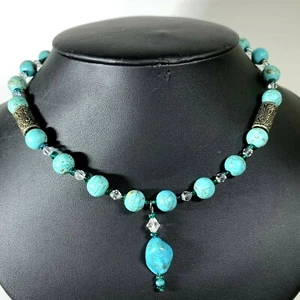 Simulated Turquoise Dyed Howlite Necklace Crystal Spacers Silver Tone Tube Bead - Picture 1 of 4