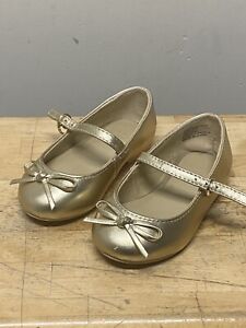 Janie + Jack Girl Toddler Gold Leather Mary Jane Shoes with Bow Detail Size 6