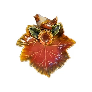 Glazed Ceramic Maple Leaf Shape Dish With Bird Trinket Fall Autumn Decor - Picture 1 of 5