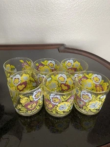 Vintage Set of 6 George Briard Floral Pansy Flower Printed Lowball Glasses - Picture 1 of 6