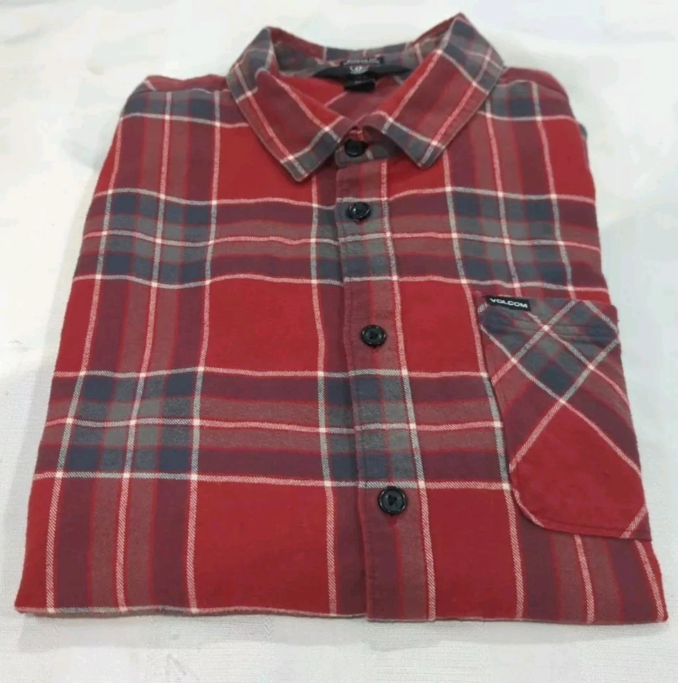 Volcom Mens Button Up Modern- Fit Long Sleeve XL Red Plaid - Image 1 of 4