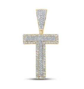 0.63Cttw Diamond Initial Letter T Charm Pendant 10k Two-tone Gold Mens - Picture 1 of 2