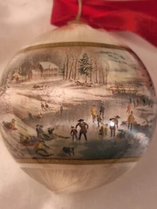 Vintage Currier & Ives Scene Invernali Americane Mattina Palla di Raso Decorazione Natalizia - Foto 1 di 9