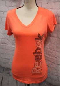Reebok Women's V-Neck Short Sleeve Logo Graphic Tee T-Shirt Bright Orange Sz S - Picture 1 of 3