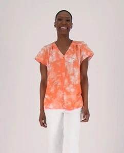 Denim & Co. Blusa Estampada Botón-Frontal Manga Flutter Rosa Blanco M - Imagen 1 de 3