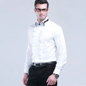 Mens Gents Cotton Wing Collar White Pleated Front Slim Shirt Steampunk Blouse - Picture 1 of 4