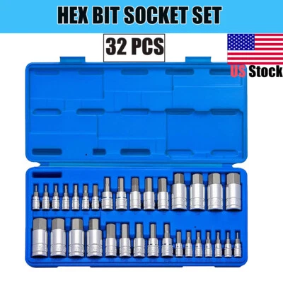 32PC Master Hex Key Allen Bit Set SAE & Metric Socket For Ratchet Tool