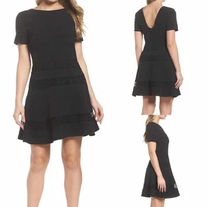 NEW Chelsea28 Black Mixed Media Fit & Flare Dress Plunge Back Large $129 - Picture 1 of 4