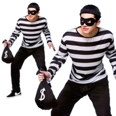 Mens Robber Costume Masket Bandit Robber Convict Adults Fancy Dress Halloween - Image 1 of 3