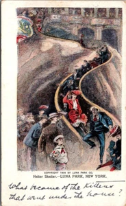 LUNA PARK, NEW YORK - MANY PEOPLE ON HELTER SKELTER - 1908 PRIVATE MAILING CARD - Picture 1 of 2
