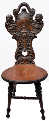 RARO 1800 Antiguo Roble Tallado Gótico Grotesco Cara y Silla Ángeles - Restaurado Foto 1 de 4