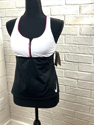 NIKE Tankini Swim Top Size Small Zipper - Black White Pink Zip Sustainable NWT - Image 1 of 4