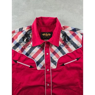 Camisa El General Para Hombres S Roja Western Bordada Caballos Cuadros Perla Vaquero a Presión Foto 1 de 4