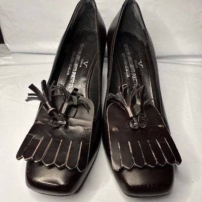 V ITALIA Versace Mujer S37.5 Med Marrón Tacón Alto Mocasín Sin usar, en caja, Puntera Zapatos con Borlas Foto 1 de 4