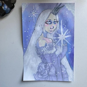 Celestial Winter Fairy Holding Star Painting On 5x7 Watercolor Paper - Picture 1 of 8