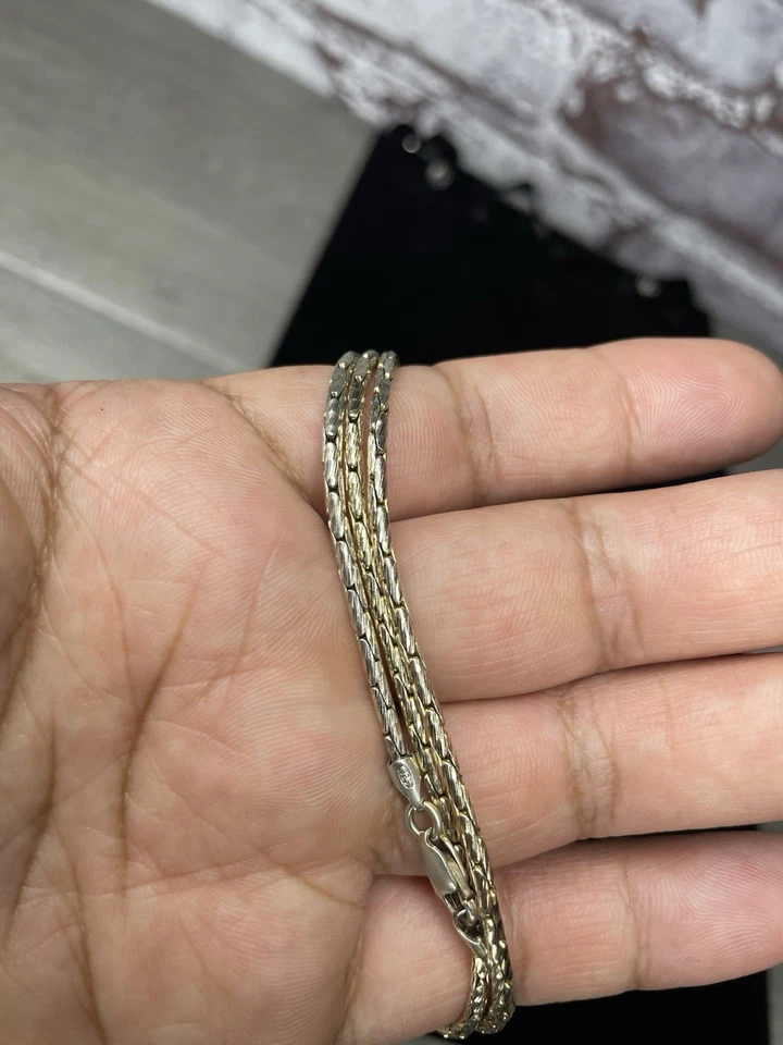 925 Silver Gold Plated Bar Chain Vintage Cut Necklace Men’s 24 In Lobster Clasp - Image 1 of 4