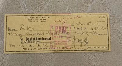 Curtis Mayfield Signed Check  - Image 1 of 2