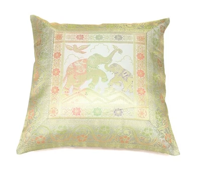 Elegant Gray Banarasi Silk Cushion Cover (16x16) Zari Brocade Elephant Motifs - Image 1 of 4