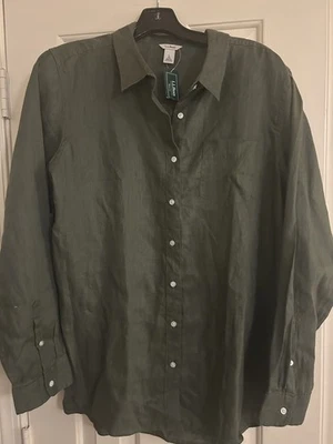 LL Bean 100% Linen Button Up Women's Shirt Large Basil Green Long Sleeve NWT - Image 1 of 4