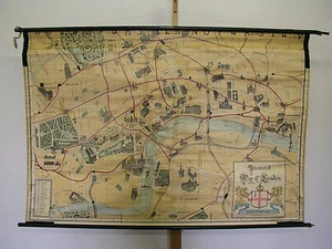 Schulwandkarte Illustrated Map of London 1915 Leipzig 177x119 vintage wall chart - Bild 1 von 7
